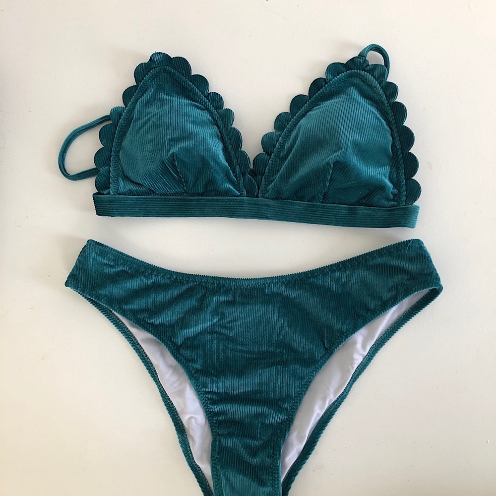 Teal velvet bikini with scalloped top
